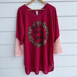 Giddy Up Glamour Christmas Tunic Lace Sleeve Hi Low Top 2XL